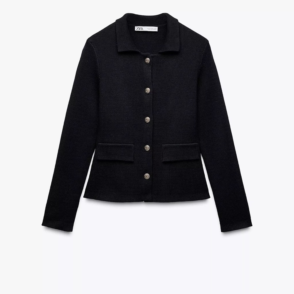 Zara Navy Button-Front Textured Knit Cardigan